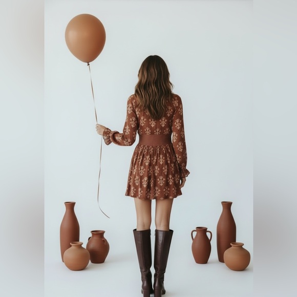 Ecote Long Sleeve Floral Dress in Brown - Picture 4 of 7